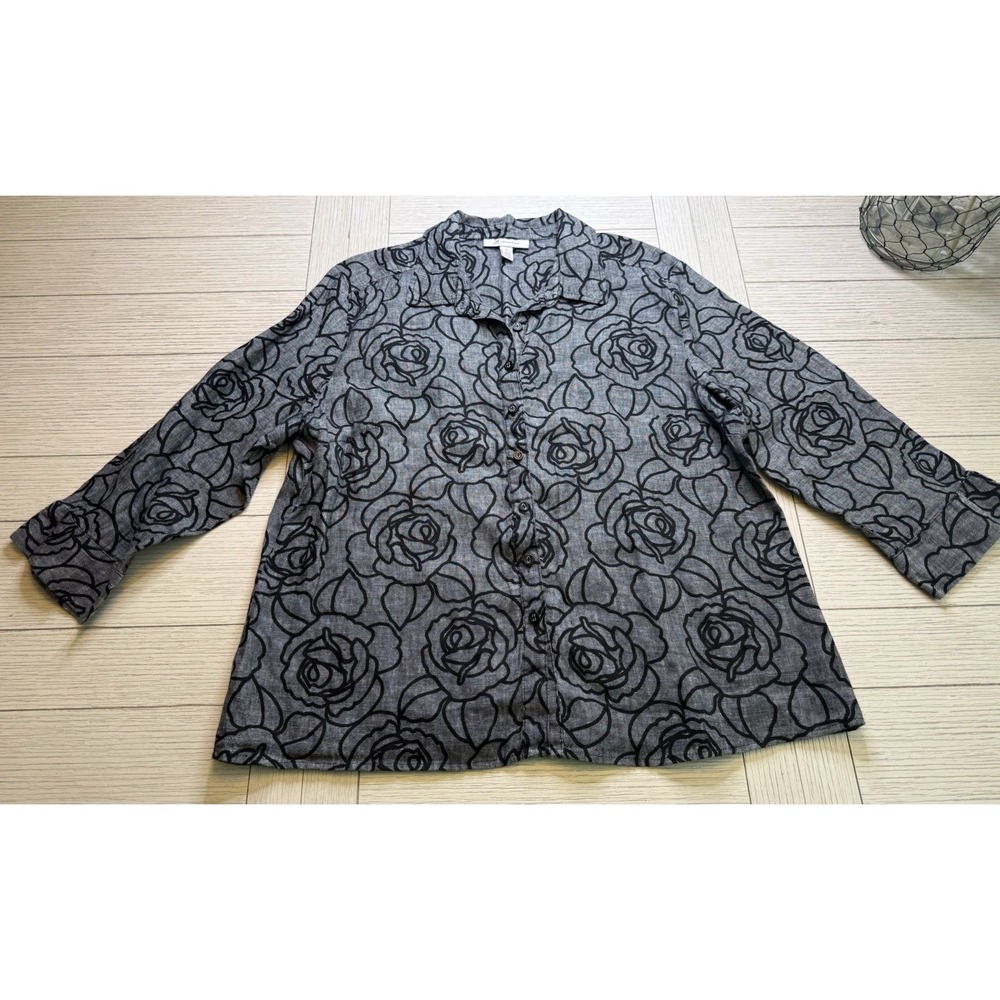 JM Collection Women 18 Gray Black 100% Linen 3/4 Sleeve Button Up Shirt Floral